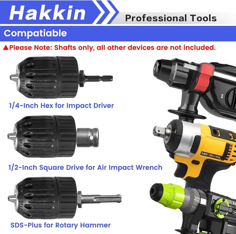 Hakkin 2-13mm Keyless Drill Chuck Adapter, 1/2-20Unf Drill Chuck with SDS-PLUS Shank Bit, 1/4" Hex Shank Lock Key, 1/2” Socket Square Female Adapter for Impact Driver, Electric Drill, Hammer Drill - Image 5